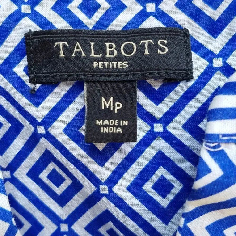 Talbot's Blue White Geometric Print Cotton Top size MP - Picture 2 of 8